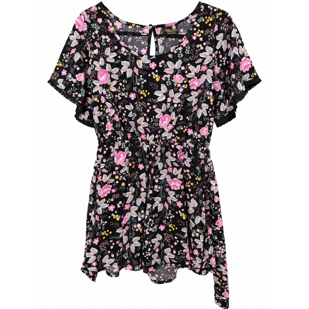 Young USA Floral Romper Women Medium Black Pink New Flutter Sleeve GGT-1901